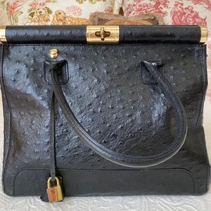 Black Ostrich Embossed Leather Bag